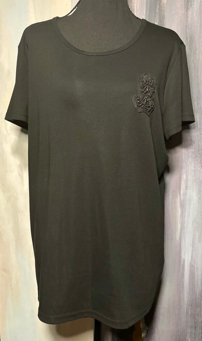 Lauren Ralph Lauren Black Beaded Crest Tee XXL Cotton Stretch Designer Top